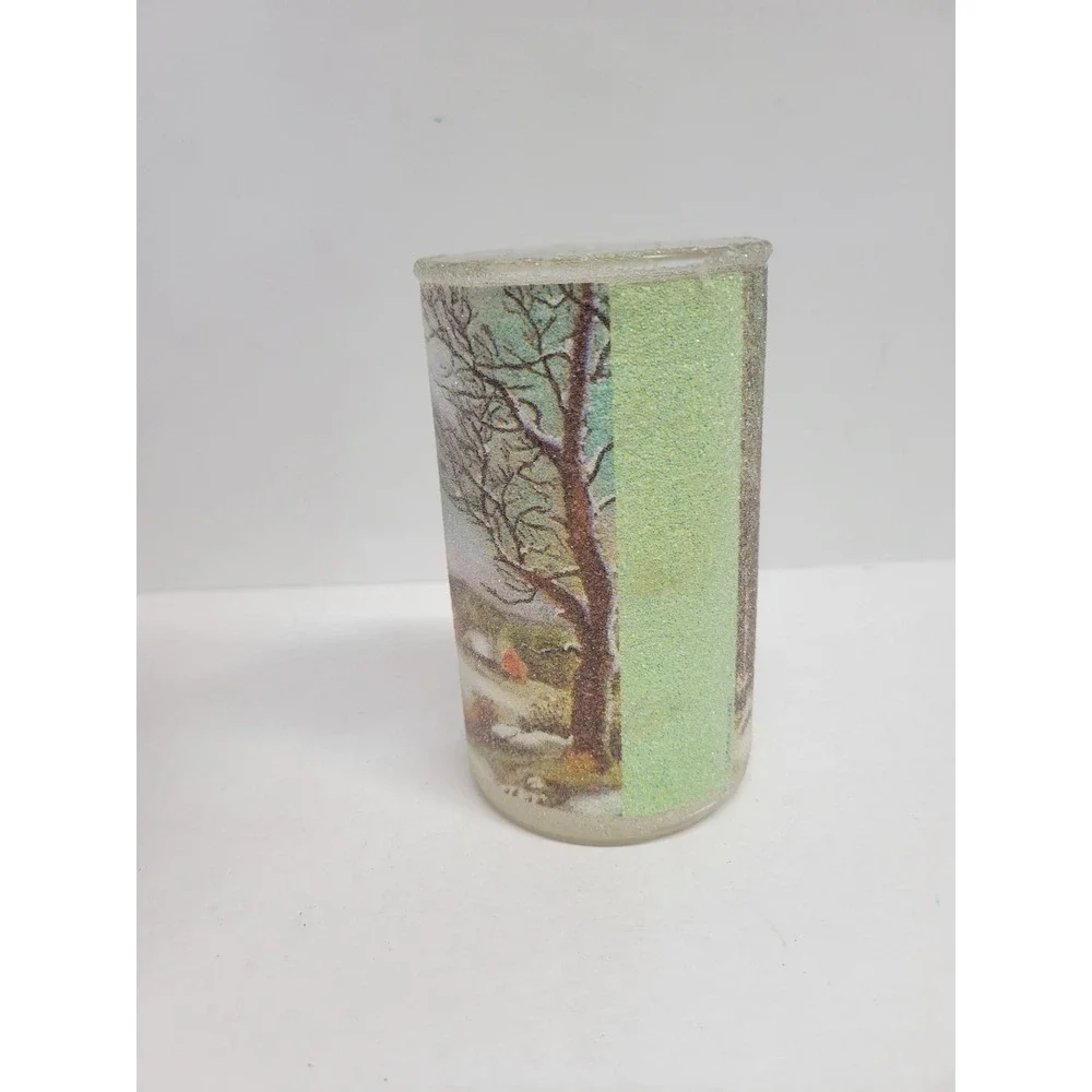 Vintage‎ Danzas Frosted Glass Winter Scene Sugary Glitter Candle Holder Vase